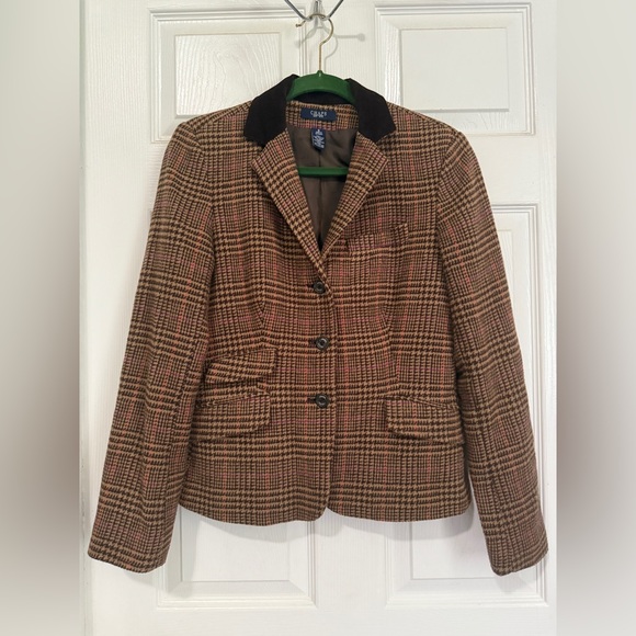 Chaps Women's Brown Houndstooth Blazer Wool Blend SZ 8 Riding Jacket Academia - Picture 1 of 14